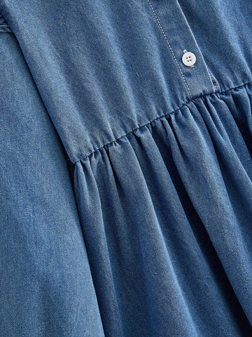 Girls Washed Denim Blue Dress With Contrast Collar, Elegant Style For Outings & Parties, Suitable For Spring & Autumn