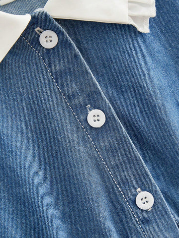 Girls Washed Denim Blue Dress With Contrast Collar, Elegant Style For Outings & Parties, Suitable For Spring & Autumn