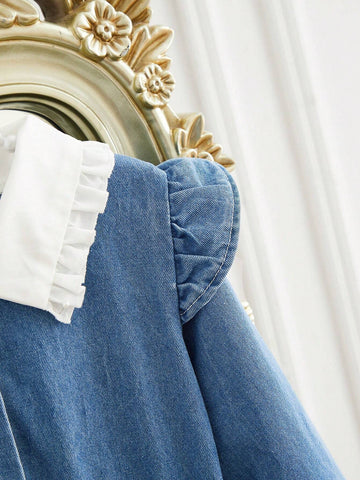 Girls Washed Denim Blue Dress With Contrast Collar, Elegant Style For Outings & Parties, Suitable For Spring & Autumn