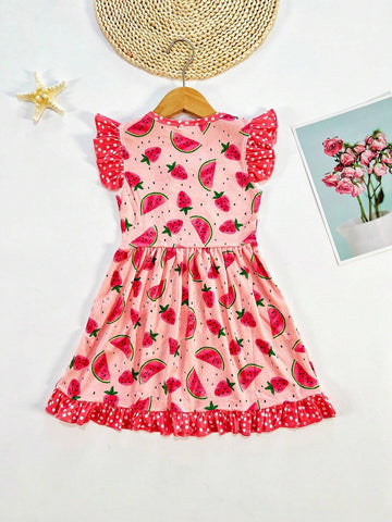 Girls" Watermelon Fruit Print Cap Sleeve Casual Dress With Flare Sleeve, For Spring Summer And Fall