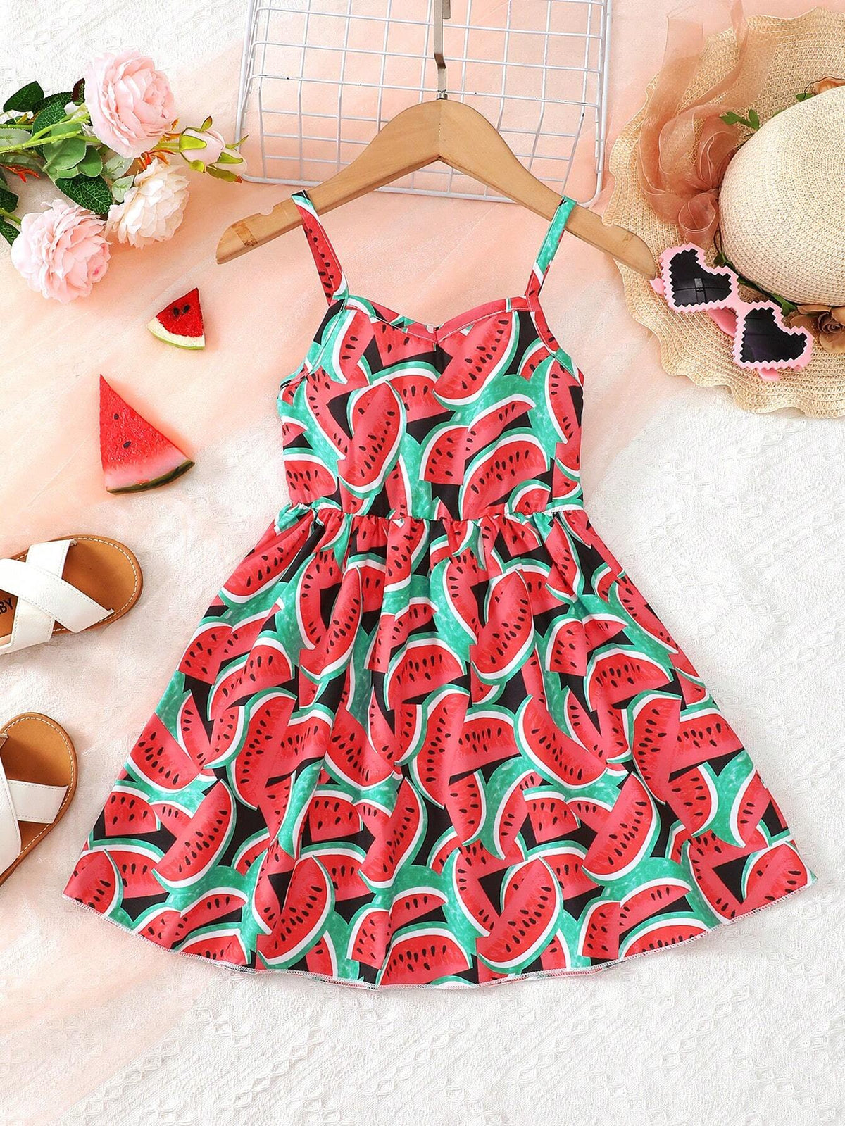 Girl's Watermelon Printed Casual Vacation Camisole Dress Summer