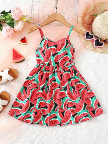 Girl's Watermelon Printed Casual Vacation Camisole Dress Summer