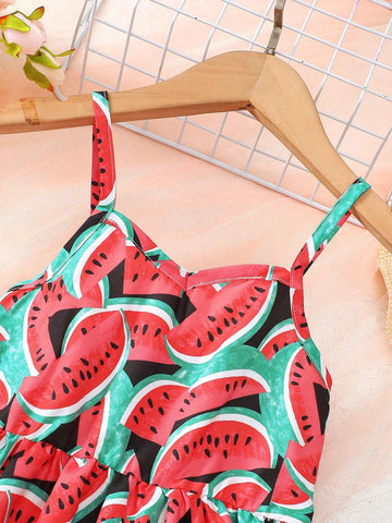Girl's Watermelon Printed Casual Vacation Camisole Dress Summer