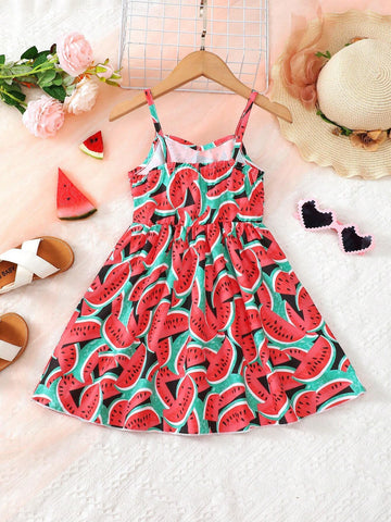 Girl's Watermelon Printed Casual Vacation Camisole Dress Summer