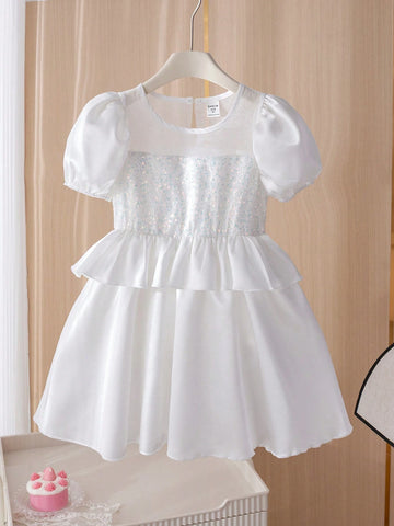 Girls' Wedding Light Dress, White Puff Sleeve Princess Dress, Elegant Party Dress