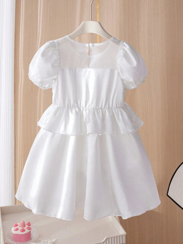 Girls' Wedding Light Dress, White Puff Sleeve Princess Dress, Elegant Party Dress
