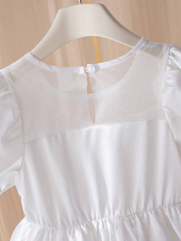 Girls' Wedding Light Dress, White Puff Sleeve Princess Dress, Elegant Party Dress