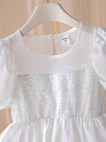 Girls' Wedding Light Dress, White Puff Sleeve Princess Dress, Elegant Party Dress