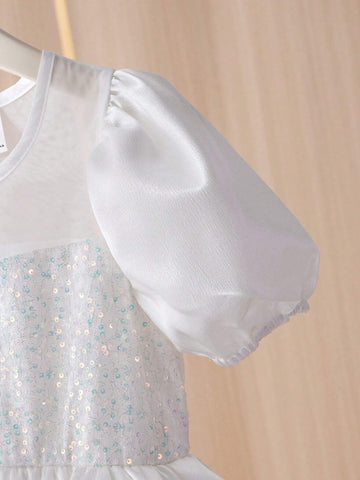 Girls' Wedding Light Dress, White Puff Sleeve Princess Dress, Elegant Party Dress