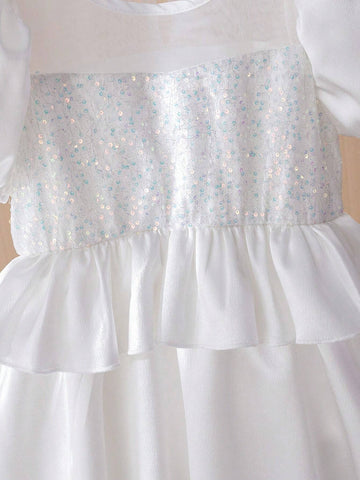 Girls' Wedding Light Dress, White Puff Sleeve Princess Dress, Elegant Party Dress