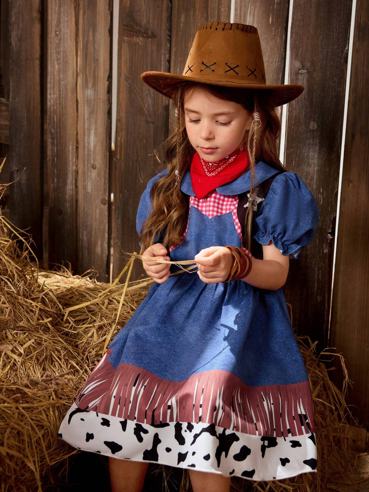 Girls' Western Style Digital Printed Short Sleeve Woven Dress With Lapel, For Leisure Or Vacation