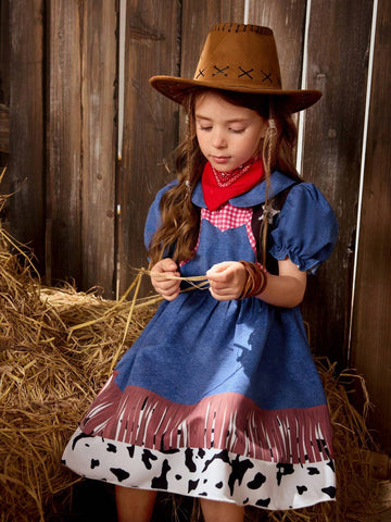 Girls' Western Style Digital Printed Short Sleeve Woven Dress With Lapel, For Leisure Or Vacation