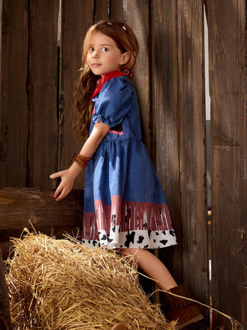 Girls' Western Style Digital Printed Short Sleeve Woven Dress With Lapel, For Leisure Or Vacation