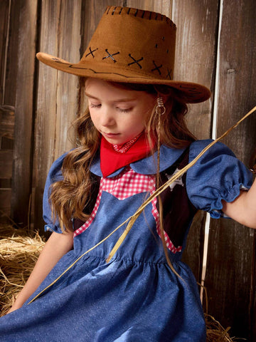 Girls' Western Style Digital Printed Short Sleeve Woven Dress With Lapel, For Leisure Or Vacation