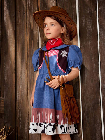 Girls' Western Style Digital Printed Short Sleeve Woven Dress With Lapel, For Leisure Or Vacation