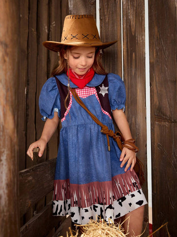 Girls' Western Style Digital Printed Short Sleeve Woven Dress With Lapel, For Leisure Or Vacation