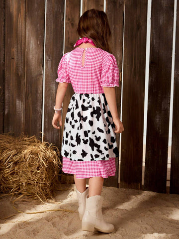 Girls' Western Style Puff Sleeve Grid Printed 2 In 1 Dress With Waist Belt And Scarf, Summer