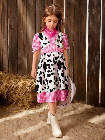 Girls' Western Style Puff Sleeve Grid Printed 2 In 1 Dress With Waist Belt And Scarf, Summer