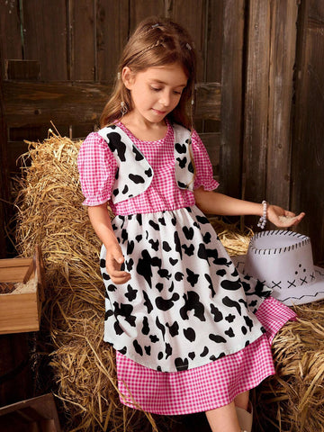 Girls' Western Style Puff Sleeve Grid Printed 2 In 1 Dress With Waist Belt And Scarf, Summer