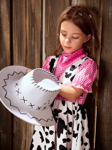 Girls' Western Style Puff Sleeve Grid Printed 2 In 1 Dress With Waist Belt And Scarf, Summer