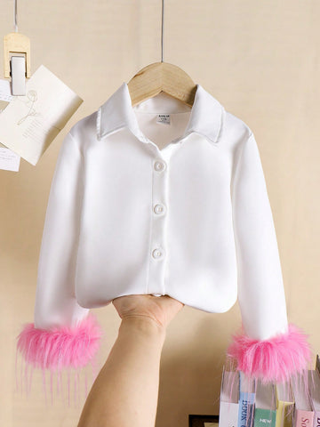 Girls' White Casual Collared Shirt With Single-Breasted Fluffy Lining, Thick And Opaque Fabric For Spring/Autumn Daily Wear