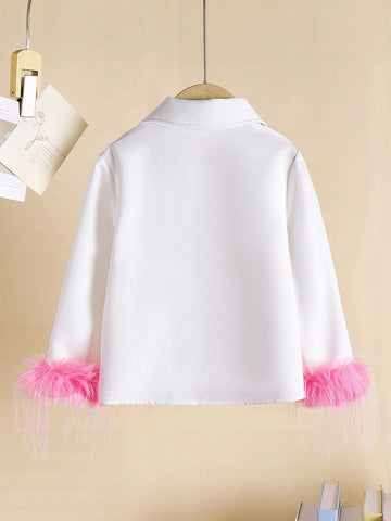 Girls' White Casual Collared Shirt With Single-Breasted Fluffy Lining, Thick And Opaque Fabric For Spring/Autumn Daily Wear