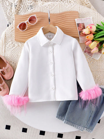 Girls' White Casual Collared Shirt With Single-Breasted Fluffy Lining, Thick And Opaque Fabric For Spring/Autumn Daily Wear