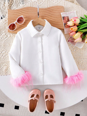Girls' White Casual Collared Shirt With Single-Breasted Fluffy Lining, Thick And Opaque Fabric For Spring/Autumn Daily Wear