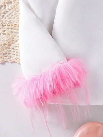 Girls' White Casual Collared Shirt With Single-Breasted Fluffy Lining, Thick And Opaque Fabric For Spring/Autumn Daily Wear