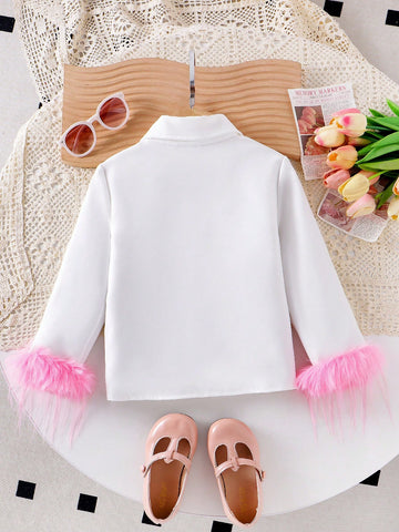 Girls' White Casual Collared Shirt With Single-Breasted Fluffy Lining, Thick And Opaque Fabric For Spring/Autumn Daily Wear