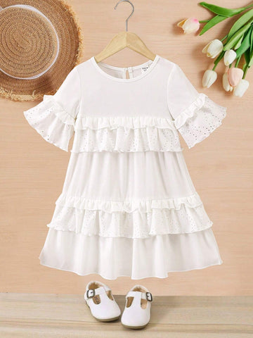 Girls" White Hollow Multilayer Pleated Dress, Fashionable And Versatile With Mushroom Lace Trim And Cute Casual Short Sleeves, Spring And Summer New Style