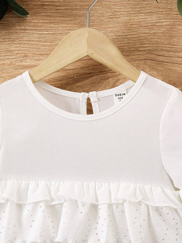 Girls" White Hollow Multilayer Pleated Dress, Fashionable And Versatile With Mushroom Lace Trim And Cute Casual Short Sleeves, Spring And Summer New Style
