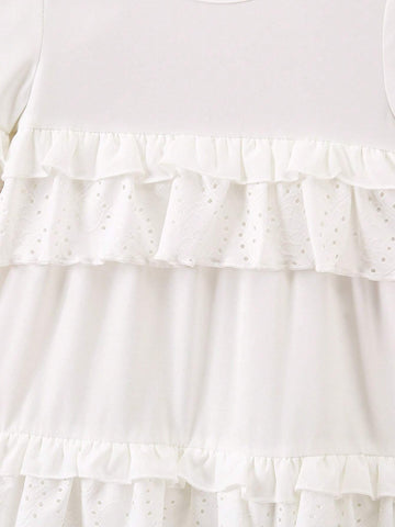 Girls" White Hollow Multilayer Pleated Dress, Fashionable And Versatile With Mushroom Lace Trim And Cute Casual Short Sleeves, Spring And Summer New Style