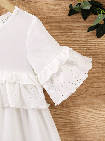 Girls" White Hollow Multilayer Pleated Dress, Fashionable And Versatile With Mushroom Lace Trim And Cute Casual Short Sleeves, Spring And Summer New Style
