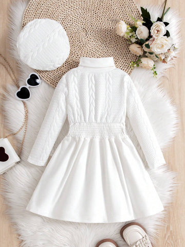 Girl's White Knitted Stand Collar Casual Dress With Elastic Waist Design, Soft And Warm, Suitable For Everyday And Formal Occasions, Autumn Winter
