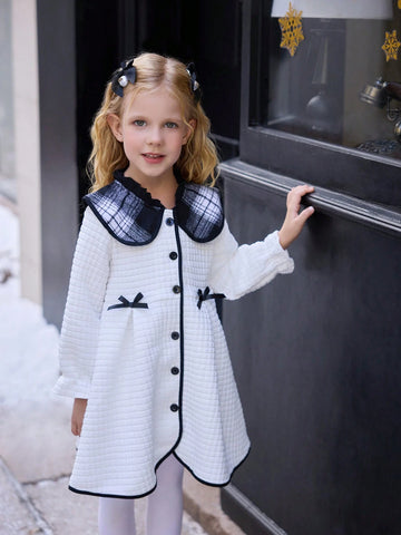 Girls White Long Sleeve Bow Decor Cute & Comfortable Dress, Suitable For Party And Casual Wear, Autumn/Winter
