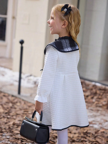 Girls White Long Sleeve Bow Decor Cute & Comfortable Dress, Suitable For Party And Casual Wear, Autumn/Winter