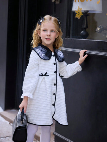 Girls White Long Sleeve Bow Decor Cute & Comfortable Dress, Suitable For Party And Casual Wear, Autumn/Winter
