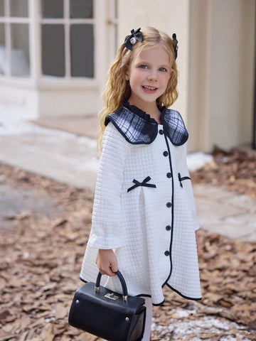 Girls White Long Sleeve Bow Decor Cute & Comfortable Dress, Suitable For Party And Casual Wear, Autumn/Winter