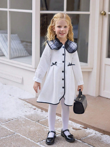 Girls White Long Sleeve Bow Decor Cute & Comfortable Dress, Suitable For Party And Casual Wear, Autumn/Winter