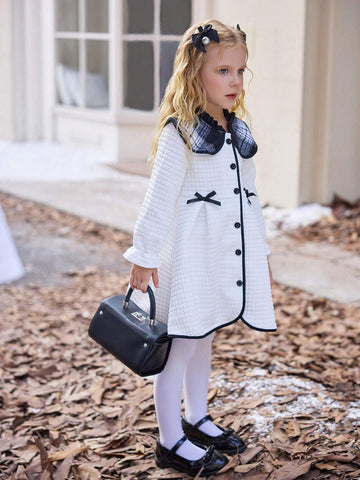 Girls White Long Sleeve Bow Decor Cute & Comfortable Dress, Suitable For Party And Casual Wear, Autumn/Winter