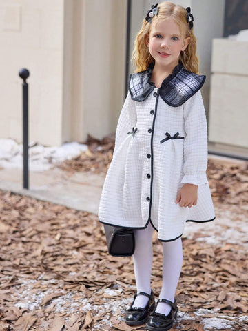 Girls White Long Sleeve Bow Decor Cute & Comfortable Dress, Suitable For Party And Casual Wear, Autumn/Winter