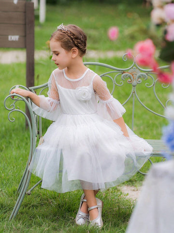 Girls' White Mesh Formal Dress, Wedding Party Dress