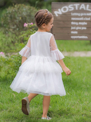 Girls' White Mesh Formal Dress, Wedding Party Dress