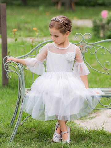 Girls' White Mesh Formal Dress, Wedding Party Dress