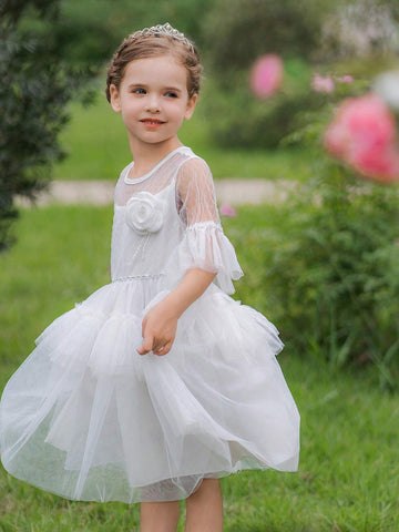 Girls' White Mesh Formal Dress, Wedding Party Dress