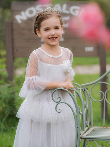 Girls' White Mesh Formal Dress, Wedding Party Dress