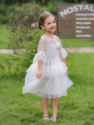 Girls' White Mesh Formal Dress, Wedding Party Dress