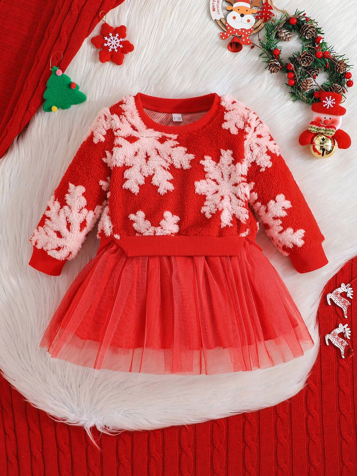 Girls White Snowflake Print Long Sleeve Sweatshirt Top & Double Layer Tulle Skirt Dress, Christmas Holiday