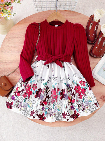 Girls Wine Red Elegant Autumn Knitted Dress, Soft & Comfortable Top With Flower Print Skirt, Fashionable Young Girl Casual Dress